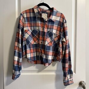 LA Hearts Blue and Orange Cropped Plaid Flannel Shirt